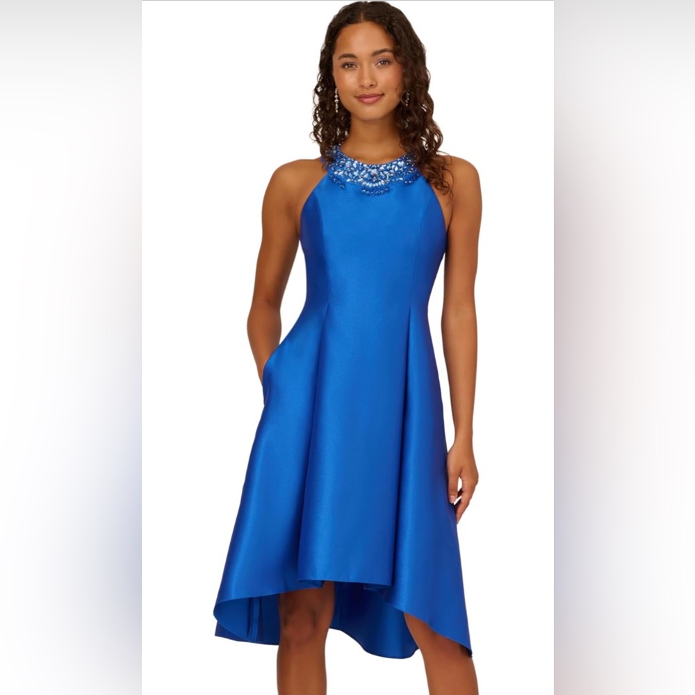 Adrianna Papell Stretch Mikado Party Dress with Beaded Neckline (blue)